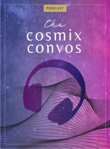 the cosmix convos podcast, headphones on a purple and pink gradiated background
